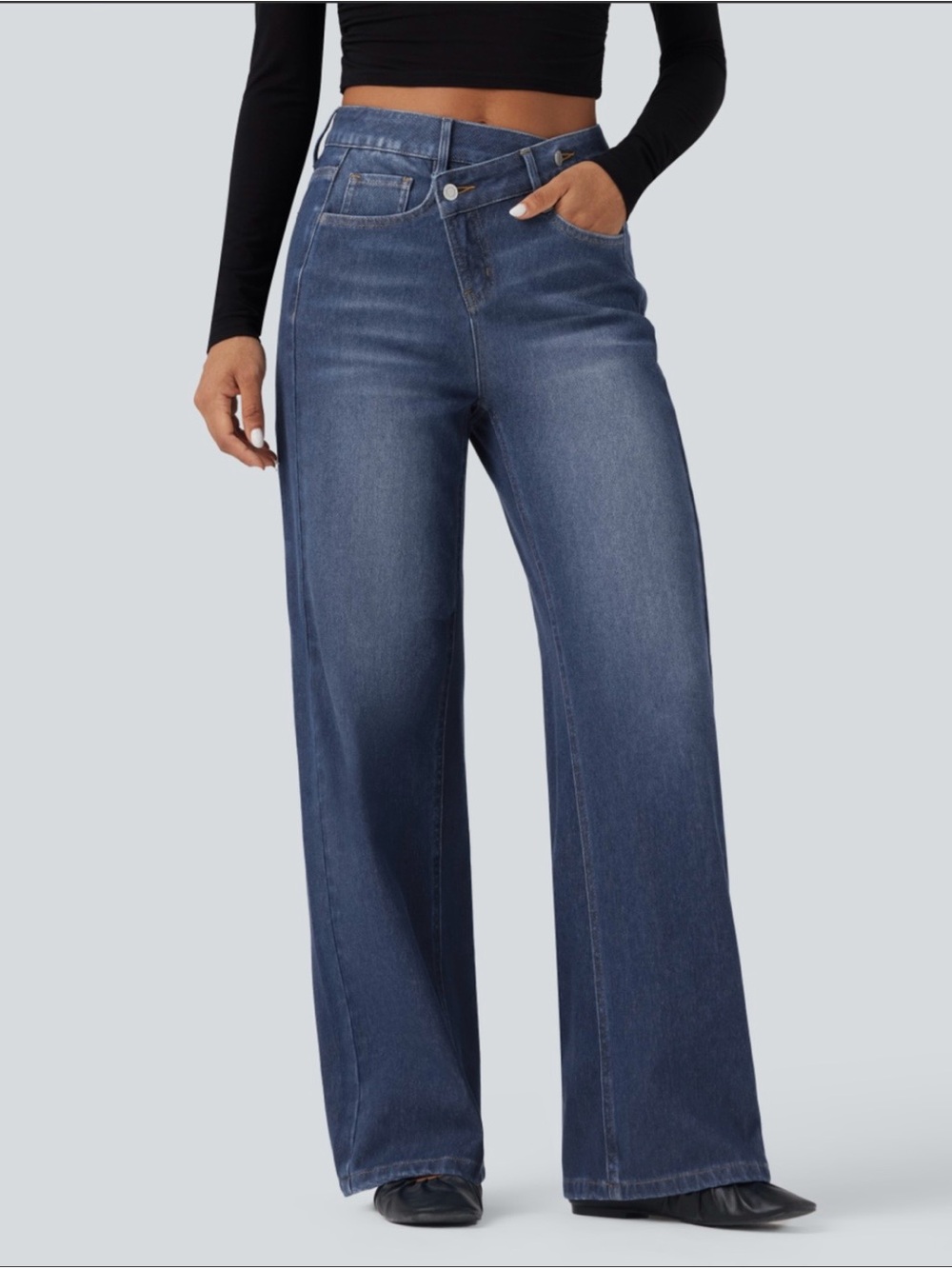 NWT- Halara Flex™ Asymmetric High Waisted Baggy Wide Leg Washed Casual Jeans
